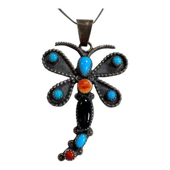 Turquoise Coral Emma Lincoln Sterling Silver Navajo Dragonfly Pendant Necklace - Picture 8 of 9